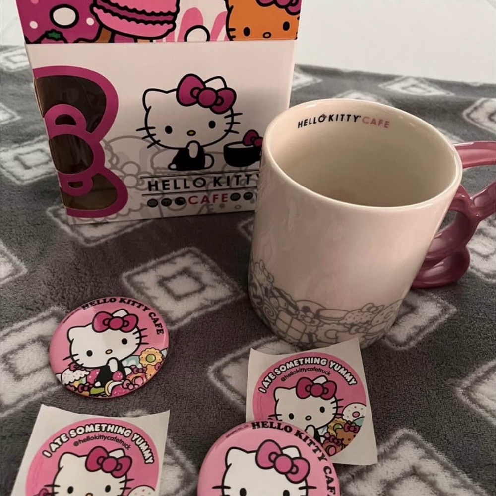 Hello Kitty Cafe Pink Mug and Button Collection